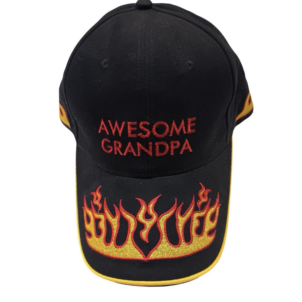 🔥‎ Awesome Grandpa Black Baseball Cap Red Flames Embroidered Adjustable